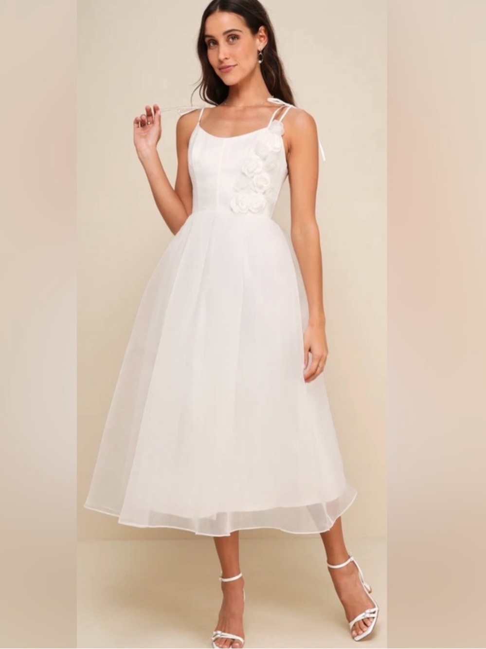 Lulus Intentionally Darling White Organza Tie-Strap Rosette Midi Dress Large NWT